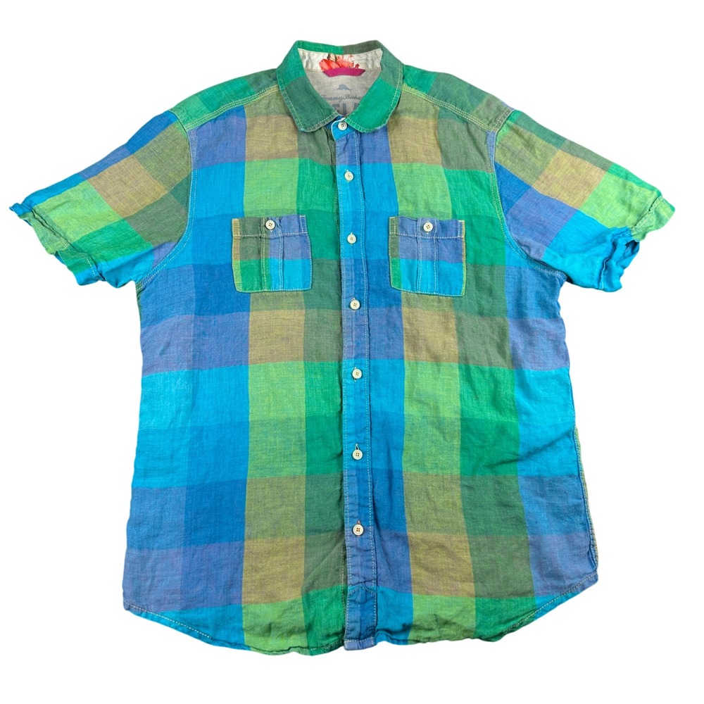 Tommy Bahama Relax 100% Linen Plaid Short Sleeve Button Down Shirt Blue Green M